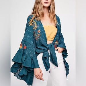 Free People Dottie West Embroidered Ruffle Sleeve Kimono Size M/L